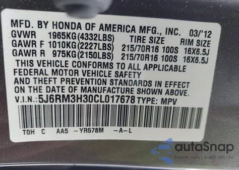 2012 Honda Cr-V Lx из США, поврежденный, VIN 5J6RM3H30CL017678